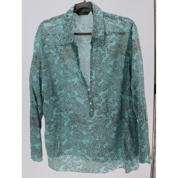 Eddie Bauer $75 2X Mint Green Brown Paisley Long Sleeve Button Down Blouse - Picture 1 of 12